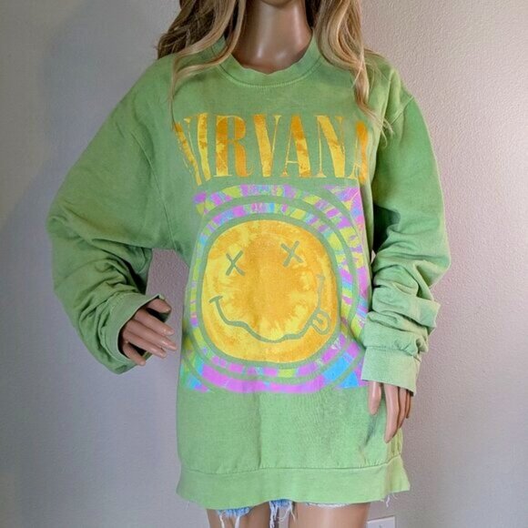 Nirvana Sweatshirt Women's XL Green Oversized Smiley Graphic Colorful Pullover - Picture 1 of 14